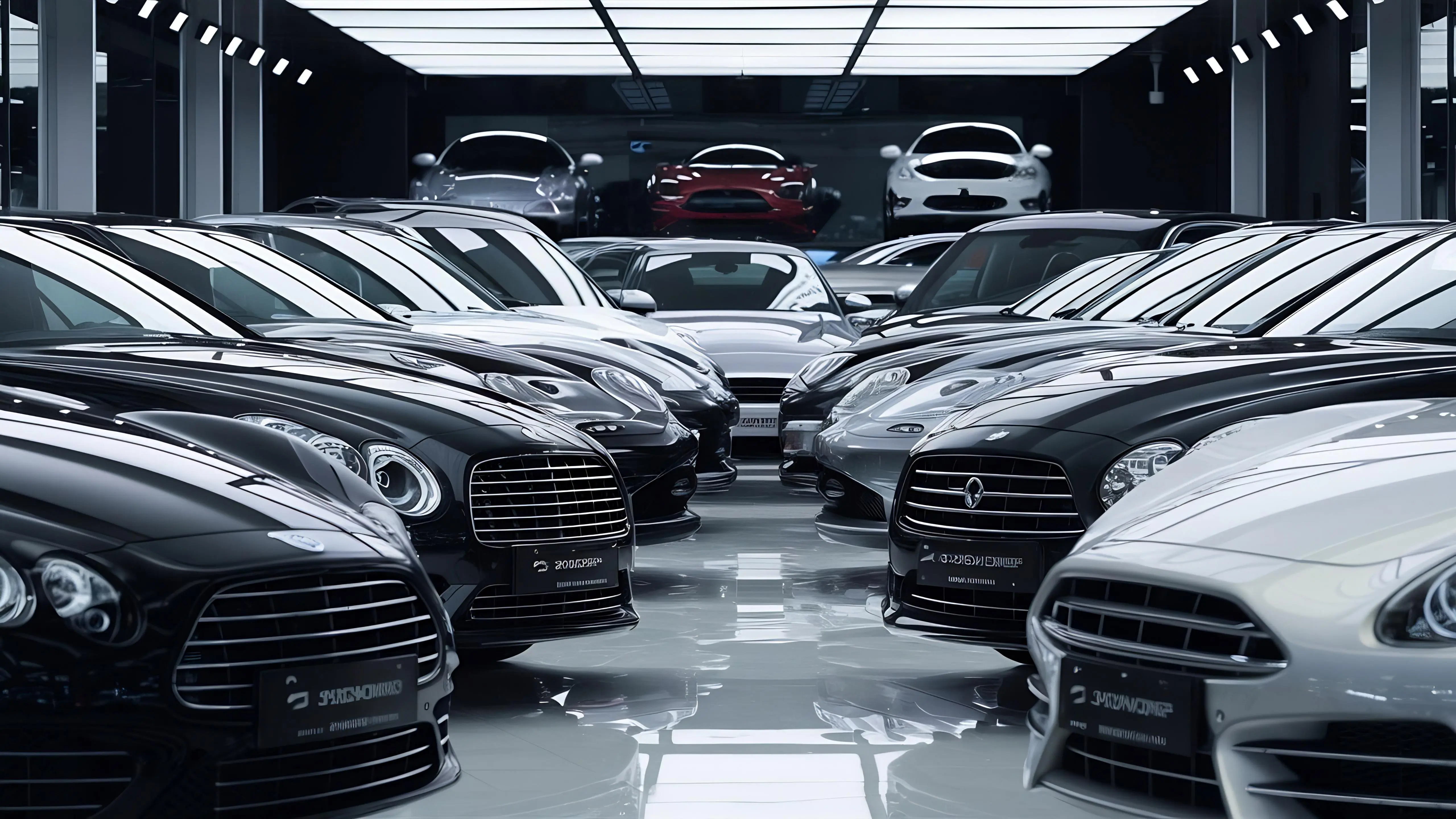 close-up-new-luxury-car-dealership-inventory-with-passeger-vehicles-parked-garage